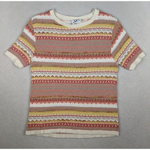 AMERICAN COLLECTION - WOMEN'S CORAL ORANGE STRIPED SHORT SLEEVE PULLOVER SWEATER - Picture 2 of 12